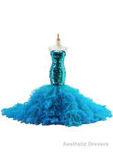 Blue Tulle Sequins Strapless Mermaid Trailing Wedding Dress